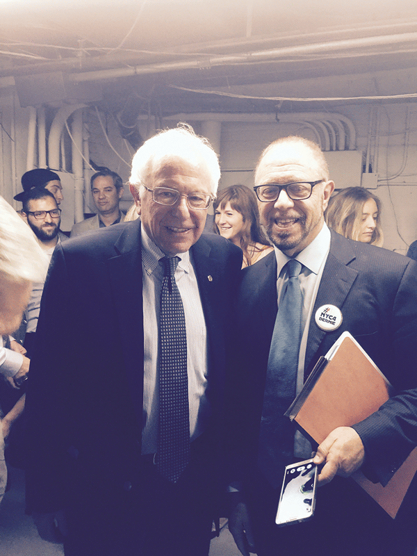 Bernie Sanders, left, and Arthur Schwartz at the Town Hall on Sept. 18.