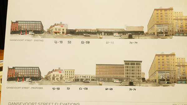 An illustration showing a comparison of the south side of Gansevoort St. as it is now, top, and how it could look if the proposed plan is approved, bottom.  Photo by Lincoln Anderson