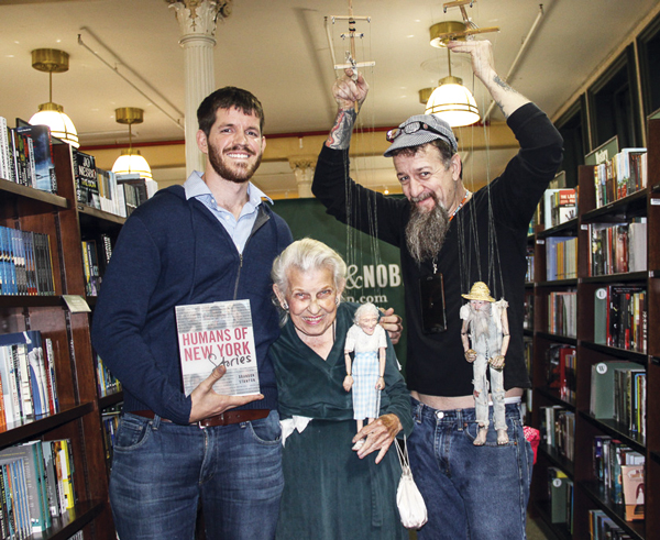 Doris Diether, the legendary zoning maven of Community Board 2, and marionette master Ricky Syers — plus Little Doris and twerk-happy hillbilly Mr. Stix — joined Brandon Stanton, left, at the book signing for his new “Humans of New York Stories” at Barnes & Noble on E. 17th St. Tuesday evening. A photo of Diether and Syers is featured on the surefire bestseller’s back cover and they have a page inside.