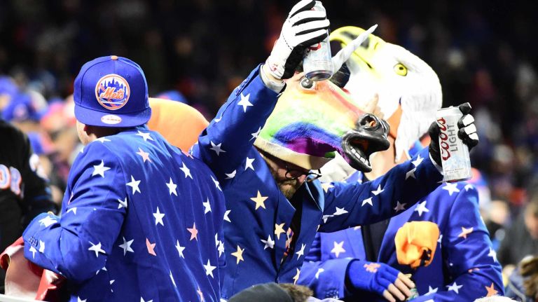 New York Mets fans are wearing the billy goat costume as the fans are excited about the game during Game 2 of the NLCS against the Chicago Cubs at Citi Field on Sunday, Oct. 18, 2015.