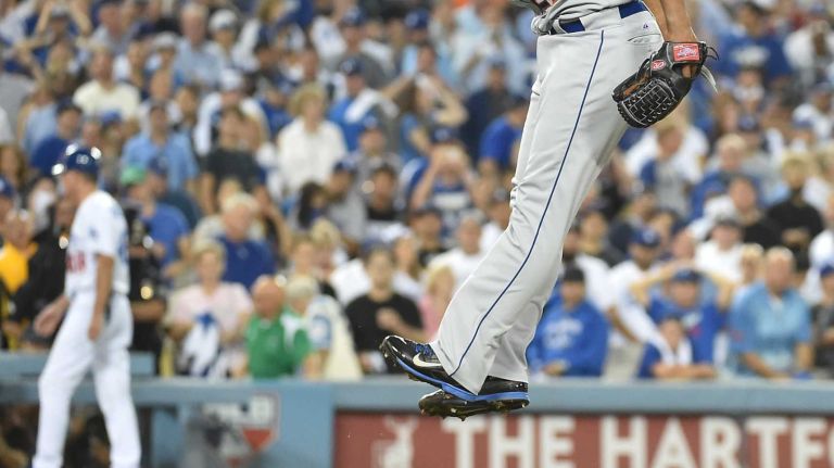 The New York Mets celebrate their National League Division Series victory over the Los Angeles Dodgers at Dodger Stadium in Los Angeles on Oct. 15, 2015.