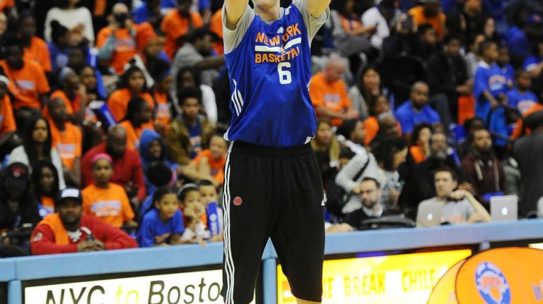 Knicks' Kristaps Porzingis takes a jump shot during the Knicks Tip-Off Scrimmage on Sunday, Oct. 25, 2015 at Columbia University.