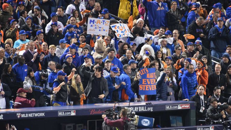 New York Mets fans cheer after New York Mets left fielder Michael Conforto hits a home run during Game 4 of the World Series against the Kansas City Royals at Citi Field on Saturday, Oct. 31, 2015.
