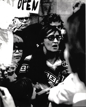 Dorothy Ryan speaking to TV news reporters at a rally in her activist heyday.