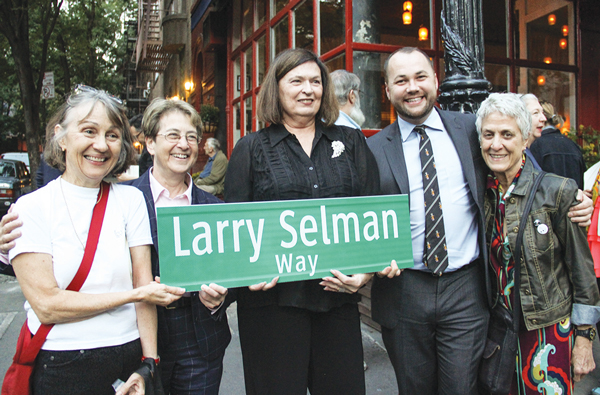 At the dedication of “Larry Selman Way,” from left, Alice Elliot, Deborah Glick, Kathy Donaldson, Corey Johnson and Sally Dill.  Photo by Tequila Minsky