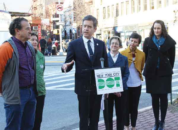 Photo by Tequila Minsky Announcing the improvements, from left, Tobi Bergman, D.O.T.’s Margaret Forgione, Brad Hoylman, Deborah Glick and Brooke Schooley.