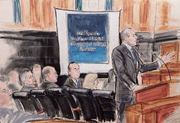 On Monday, one of Sheldon Silver’s attorneys, Steven Molo, standing at right, gave the defense’s closing argument, as Silver listened, at far left.
