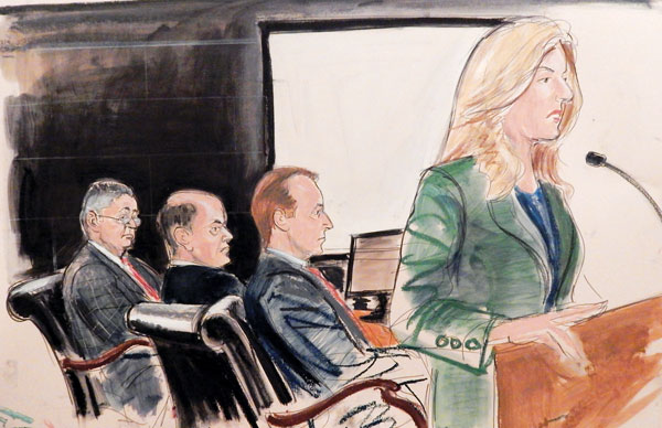 Drawing by Elizabeth Williams Assistant U.S. Attorney Carrie Cohen, at podium, making her opening statement on Nov. 3 in the federal corruption trial of Assemblymember Sheldon Silver, on the far left.