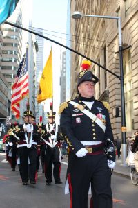 Col. Stephen Ryan leads the Veteran Corps of Artillery down the Canyon of Heroes from St. Paul's Chapel to Bowling Green.