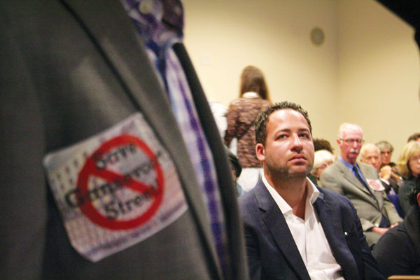 Meatpacking plan would butcher iconic block, say opponents at Landmarks 4 Photo by Yannic Rack Jared Epstein, vice president of Aurora Capital, said he hoped local residents would come to realize that office use on Gansevoort St. would be “beneficial to the neighborhood.”