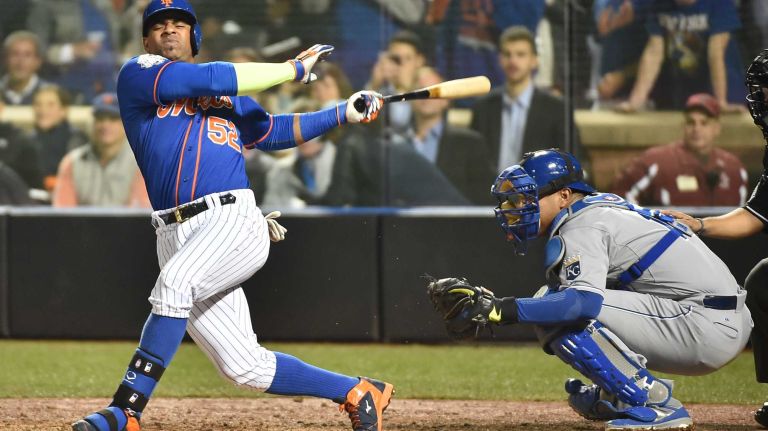 World Series Game 5: Mets vs. Royals 143 New York Mets centerfielder Yoenis Cespedes (52) fouls the ball off his knee in the sixth inning during Game 5 of the World Series against the Kansas City Royals at Citi Field on Sunday, Nov. 1, 2015.