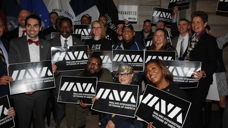 Members of the Iraq and Afghanistan Veterans of America gather at a ceremony featuring New York City Council Speaker Melissa Mark-Viverito and Eric Ulrich, chairman of the Veterans Committee, in Manhattan on Nov. 10, 2015.