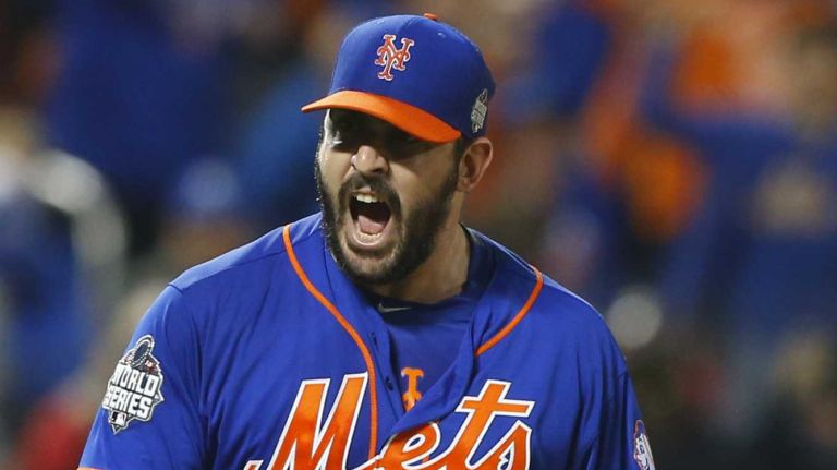 New York Mets starting pitcher Matt Harvey (33) reacts after getting out of the fourth inning during Game 5 of the World Series against the Kansas City Royals at Citi Field on Sunday, Nov. 1, 2015.