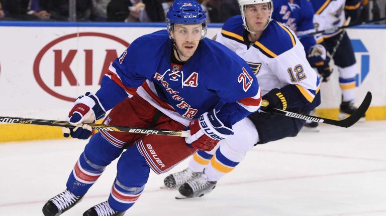 New York Rangers center Derek Stepan skates against the St. Louis Blues in the first period of an NHL hockey game at Madison Square Garden on Thursday, Nov. 12, 2015.