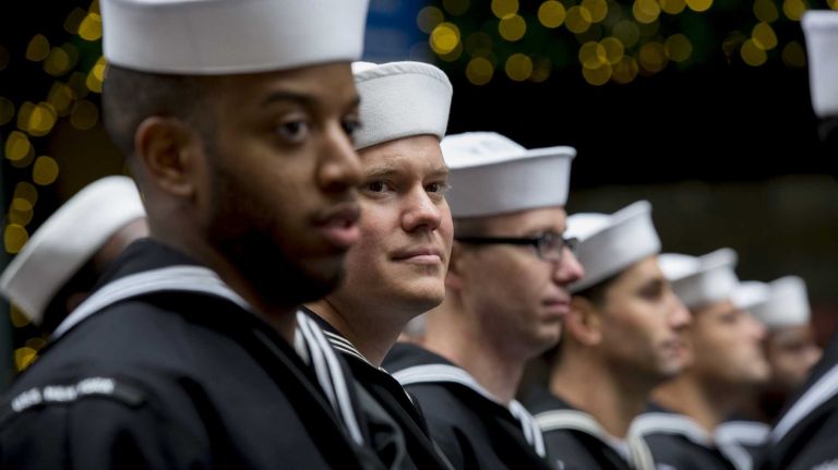 Sailors march in the 96th annual New York City Veterans Day Parade in lower Manhattan on Wednesday, Nov. 11, 2015.