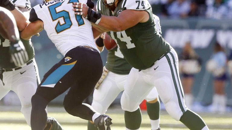 Nick Mangold #74 of the New York Jets defends against Paul Posluszny #51 of the Jacksonville Jaguars in the first half at MetLife Stadium on Sunday, Nov. 8, 2015 in East Rutherford, N.J.
