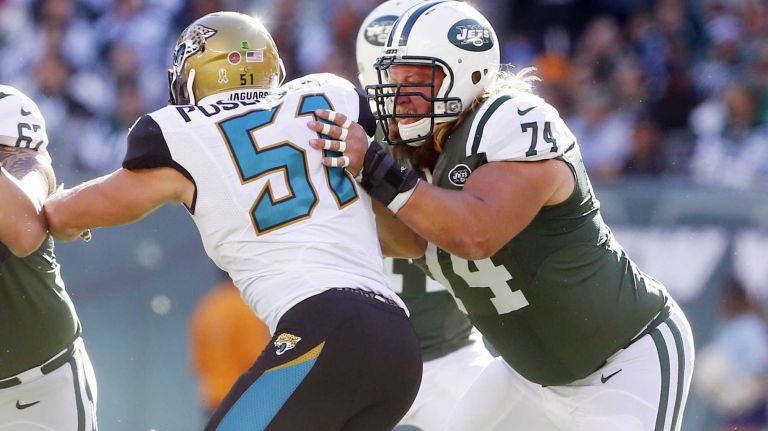 Nick Mangold #74 of the New York Jets defends against Paul Posluszny #51 of the Jacksonville Jaguars in the first half at MetLife Stadium on Sunday, Nov. 8, 2015 in East Rutherford, N.J.