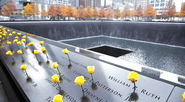 National September 11 Memorial and Museum On Nov. 11, yellow roses like these will be placed on the memorial at the names of U.S. veterans who were killed in the 9/11 attacks. 