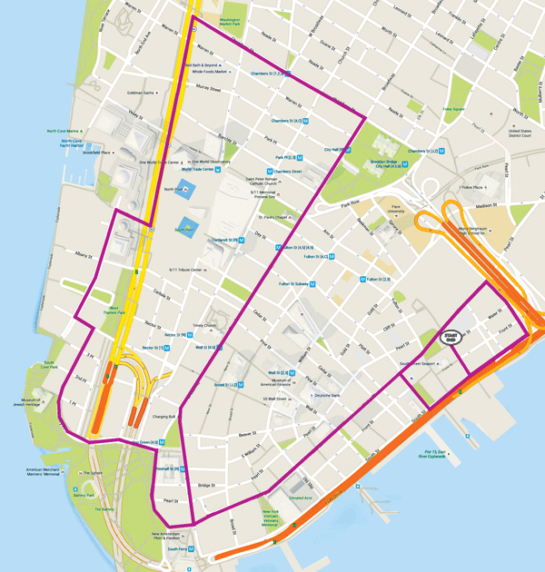 Photo courtesy of The Ride This map shows the route that buses from “interactive entertainment experience” The Ride will ply though Lower Manhattan three times a day, seven days a week. 