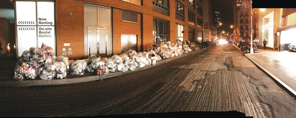 Photo courtesy of Abby Terkuhle Downtown residents complain to Community Board 1’s Quality of Life Committee about the overwhelming piles of residential trash set out for collection each night, crowding locals off the sidewalk.