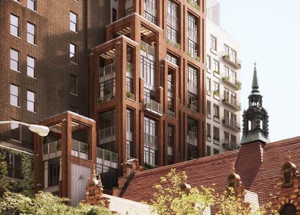 A rendering of planned residential renovations at 78th Street and West End Avenue, see from 77th and West End, where the Collegiate Church is located. \ COOKFOX ARCHITECTS 