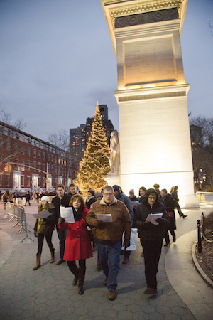 Sing, swing, walk, rock 2 All roads lead back to Judson Memorial Church, when groups return from the Greenwich Village Caroling Walk. Photo by Suzanne Blakely.