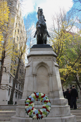 Honoring Joan of Arc’s UWS Statue, Pushing for More to Commemorate Women 4 A centennial wreath at the statue. | TEQUILA MINSKY