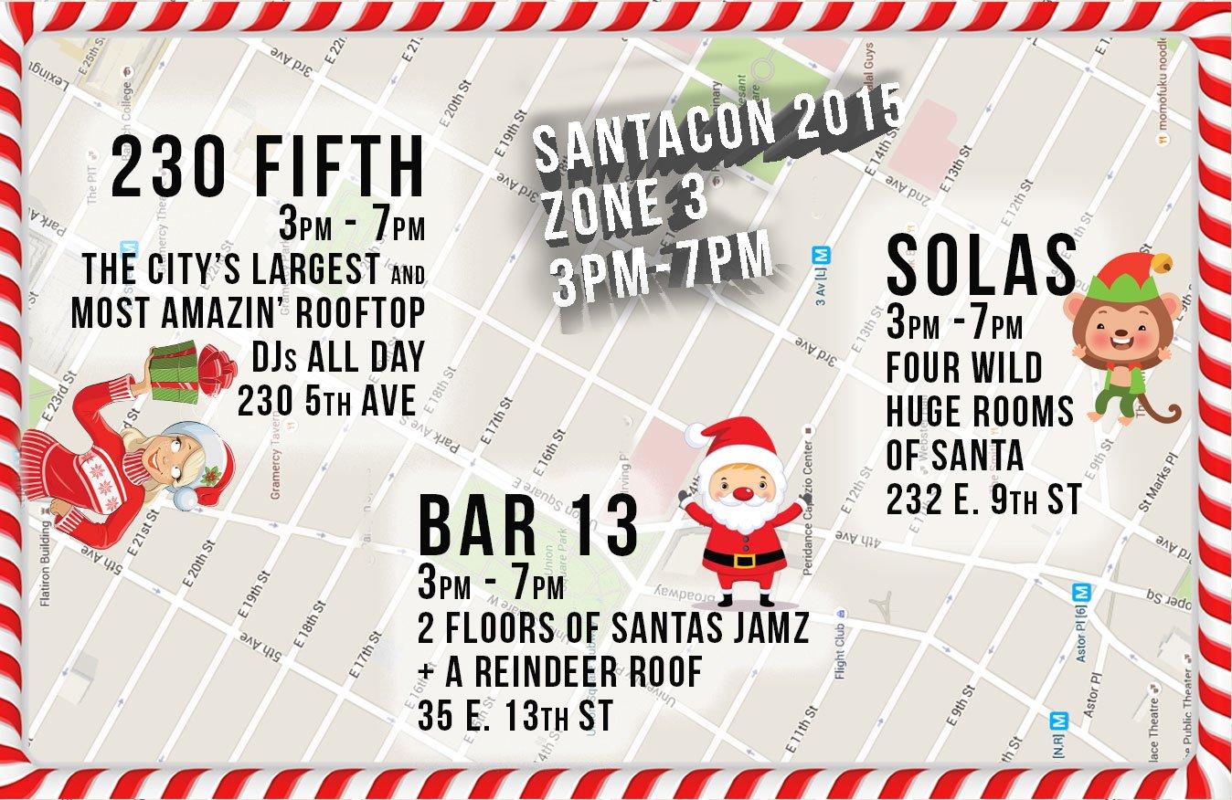 SantaCon ‘zones in’ on L.E.S. and E.V. again this year 4 The Santas will also be going to town in the East Village and the Madison Square from 3 p.m. to 7 p.m.