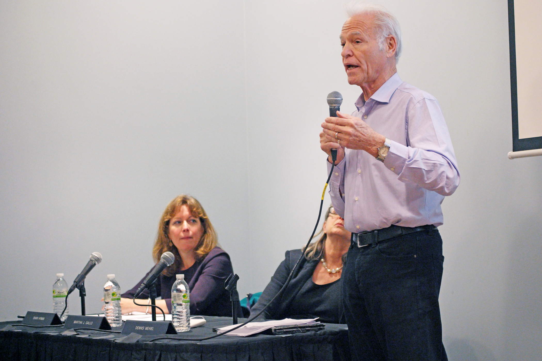 Battery ram: Residents besiege BPCA bigwigs at public forum 1 Photo by Milo Hess Battery Park City Authority board chairman Dennis Mehiel, right, joined by board president Shari Hyman, left, and member Martha Gallo, took questions from residents at a Dec. 16 forum.