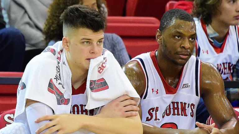 From left, St. John's center Yankuba Sima (35), forward Amar Alibegovic (1) and forward Christian Jones (2) react against N.J.I.T at Carnesecca Arena in Queens, New York on Sunday, Dec 20, 2015. 