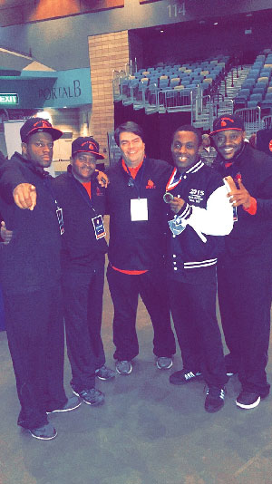 After Charles Conwell, second from left, won a bout to secure a spot on the 2016 Olympic boxing team, he was joined by, from left, Soul City coach Roshawn Jones, coach Leroy Carter Jr., David McWater and coach Otha Jones.