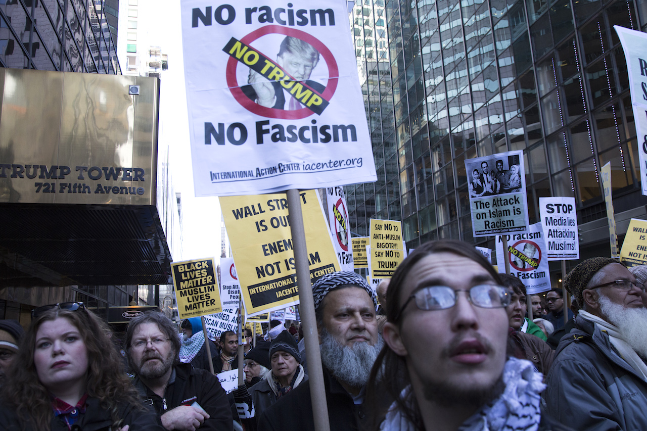 Anti-Donald Trump protest is held at Trump Tower in 5th Avenue in New York, as Republican presidential front-runner Donald Trump has been calling for barring all Muslims from entering the United State. Dec 20, 2015, New York.
