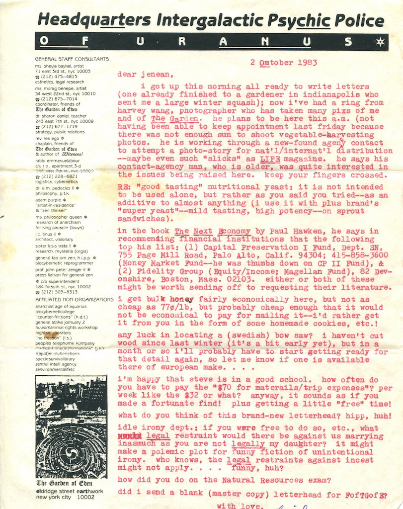An "Omtober" '93 letter to his daughter Jenean, mentioning an upcoming photo shoot of his Garden of Eden by Harvey Wang for Life magazine. "what do you think of this new letterhead?" he asks his daughter. "hipp, huh!" Photo by Lincoln Anderson