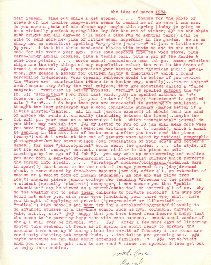 A letter from Adam Purple to his daughter Jenean in which he schools her on writing and advises her on reading about Zen Buddhism, among other things.