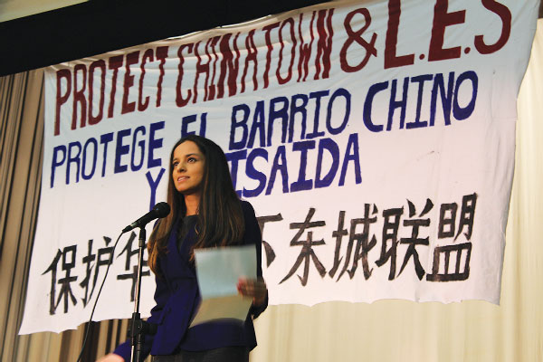 District Leader Jenifer Rajkumar helped rally the crowd at Saturday’s town hall meeting against displacement.