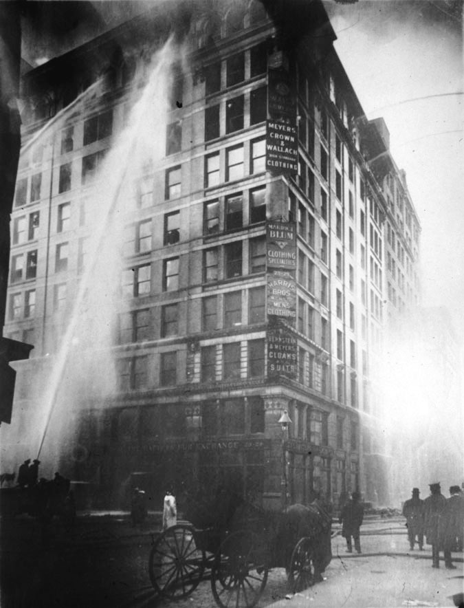 Firefighters battling the Triangle Shirtwaist Factory Fire on March 25, 1911.