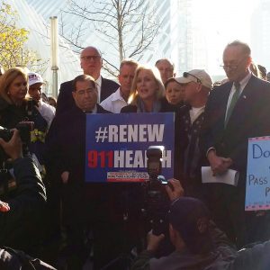 Sen. Kirsten Gillibrand, center, calls for Congress to vote on renewing the James Zadroga 9/11 Health and Compensation Act at a Dec. 6 press conference at 7 World Trade Center, joined by Sen. Charles Schumer, Rep. Carolyn Maloney, Rep. Jerrold Nadler, and Rep. Joe Crowley.