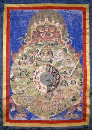 Science and spirituality in conversation, at RMA's Brainwave 3 “Wheel of Life Tibet” (19th century, pigments on cloth) connects to the emotion of sadness, as it depicts the Buddhist realm of Hungry Ghosts, where people never satisfied in their past lives are reborn. Image courtesy Rubin Museum of Art.