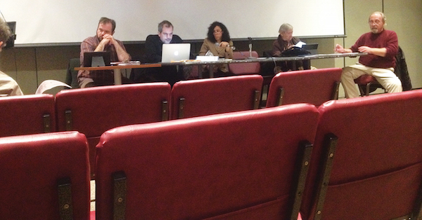 New CB4 Chair, Dolores Rubin (center), presides over her first meeting in that position, on Jan. 6. Photo by Sean Egan.