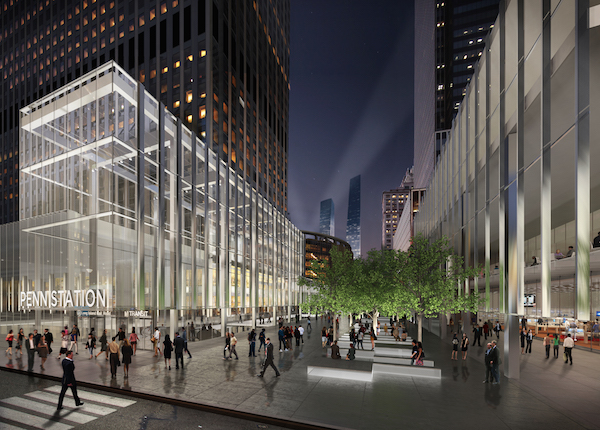 In an Empire Station State of Mind 1 One suggestion for the redevelopment of Penn Station is to close a portion of W. 33rd St. to create a new, grand entrance. Seen in the background are the not-yet completed towers of Hudson Yards, another mega-development in the area. Courtesy Office of the Governor.