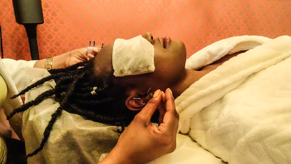 Spa Makes Waves With Healing Island Ways 4 A spa-like approach to acupuncture is what sets Healing Happy Hour apart. Here, Dr. Guillaume performs a standard auricular acupuncture protocol for a patient to relieve stress, anxiety and pain. Photo courtesy Healing Happy Hour.