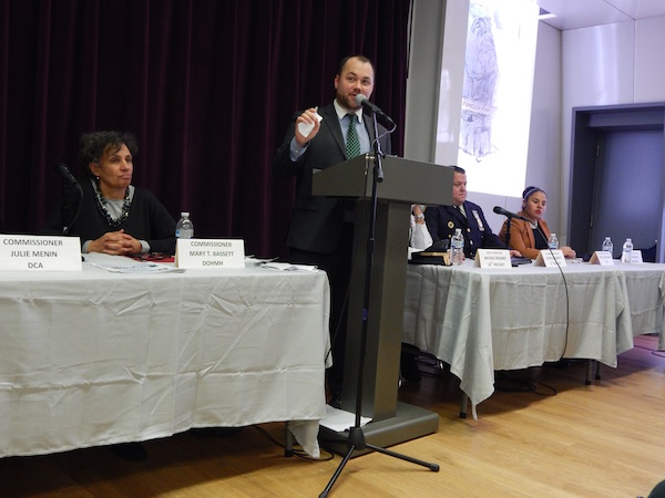 Q&A and Assurances at Crowded Town Hall 3 L to R: Commissioner Mary T. Bassett of the Department of Health and Mental Hygiene, Councilmember Corey Johnson, Deputy Inspector Michelle Irizarry of the 10th Precinct (view obscured), Commanding Officer Joseph Simonetti of the Sixth Precinct, and Director of Community Affairs Sadye Campoamor of the Department of Education. Photo by Lindsay Bu.