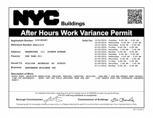 Google Neighbor Searching for Some Peace 3 The AHV most recently renewed by DOB, with Benchmark’s name on it, as well as the permitted hours of work. Image source: NYC Department of Buildings website.