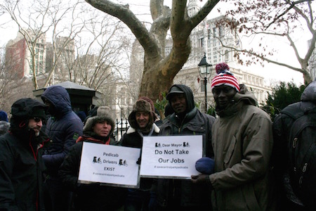 In Face of Teamster Opposition, de Blasio, Council Nix Horse Carriage Vote 3 Pedicab operators queued outside City Hall in January to testify against a bill that would ban them from most of Central Park. | YANNICK RACK