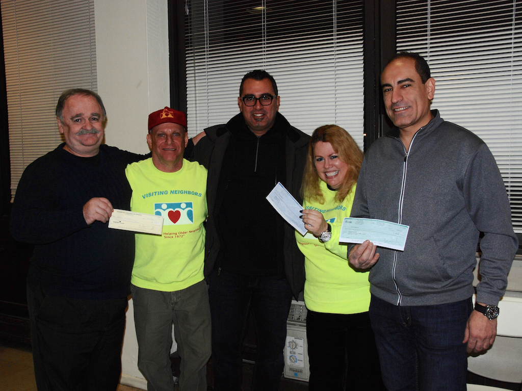 From left, Ray Cline of BAMRA; Howie Square of Visiting Neighbors; Marcus Andrews of Falucka; Dr. Cynthia Maurer of Visiting Neighbors; and Sam Jacob of Falucka during the matching-fund checks presentation at the Jan. 6 BAMRA meeting.