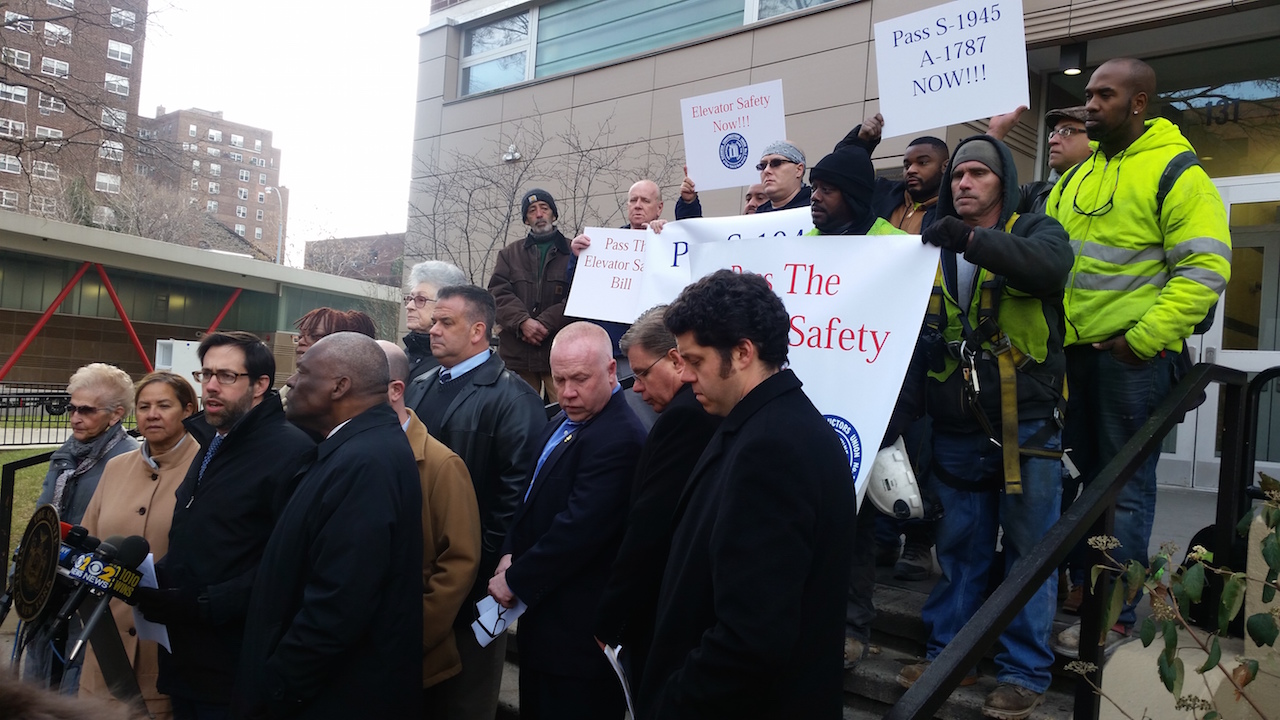 Squadron slams Senate for refusing to consider the Elevator Safety Act 1 At a press conference last week at the Grand St. Guild houses, state Senator Daniel Squadron, speaking at microphone, Assemblymember Keith Wright, to the right of him, tenant leaders and union members said it’s high time that the state Senate pass a stalled bill on elevator safety.