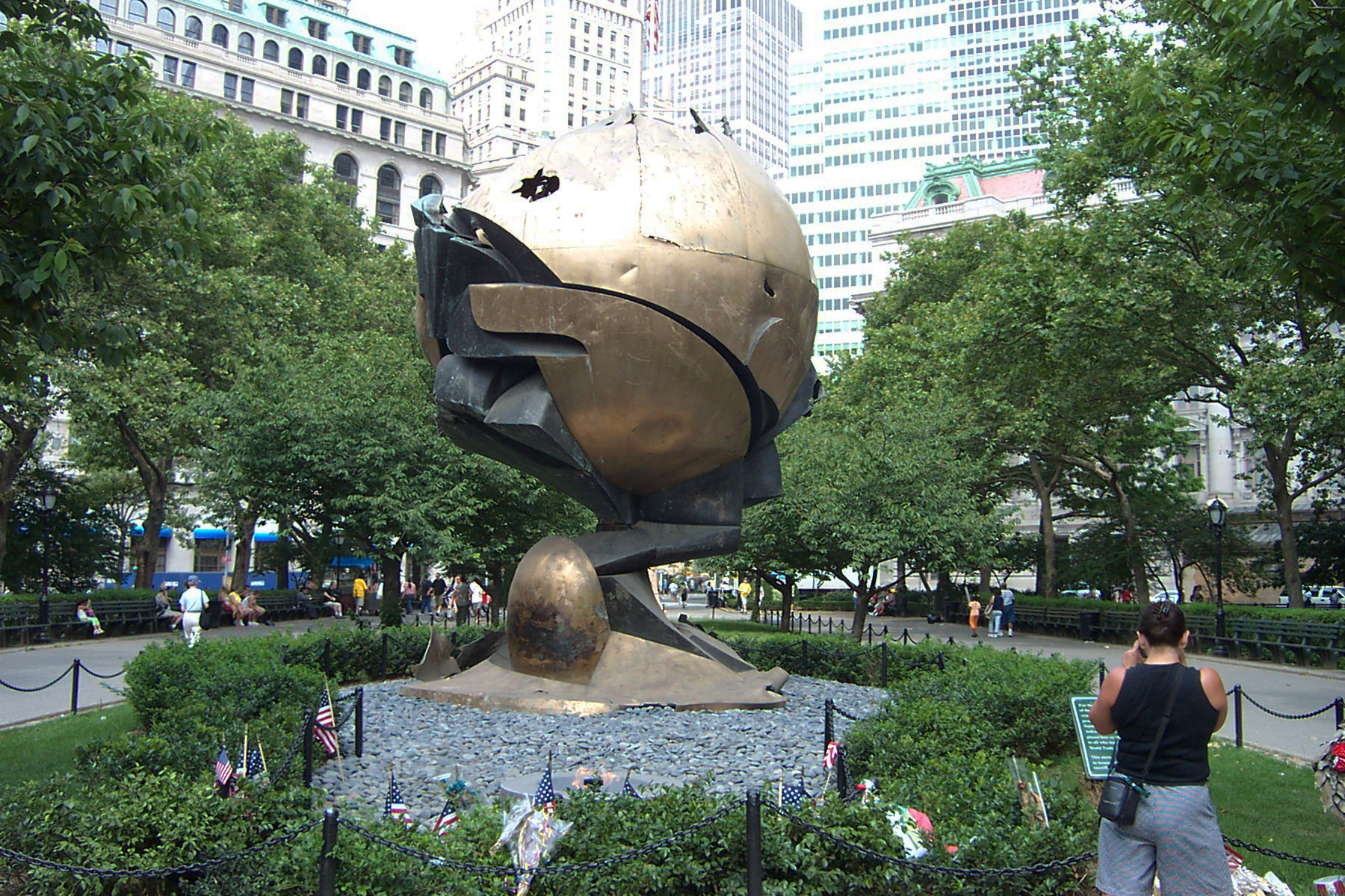 The Fritz Koenig sculpture that formed the centerpiece of the old World Trade Center plaza until it was damaged in the 9/11 attacks. Since then it has stood in The Battery, as locals lobby to return it to its original site.