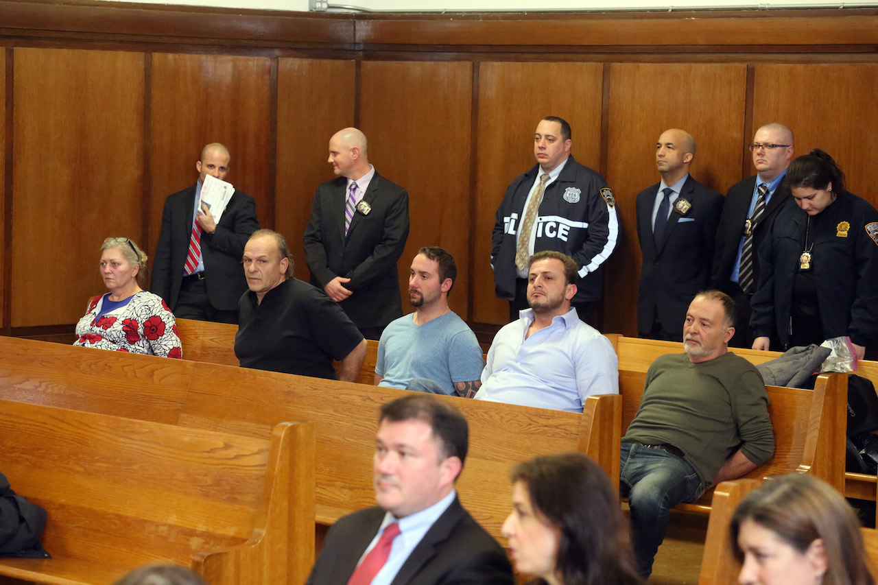 (left-right) Maria Hrynenko, 56, Athanasios Ioannidis, 59, Michael Hrynenko, 30, Dilber Kukic, 40 and Andrew Trombettas, 57, appear at their arraignment in Manhattan Supreme Court on Thursday, February 11, 2016. They were indicted in last year's East Village building explosion. (Jefferson Siegel/New York Daily News)