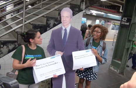 The Riders Alliance took “Cardboard Cuomo” to Grand Central Terminal on February 3 to bring attention to their concerns with the governor’s preliminary 2016-2017 budget. | RIDERSNY.ORG 