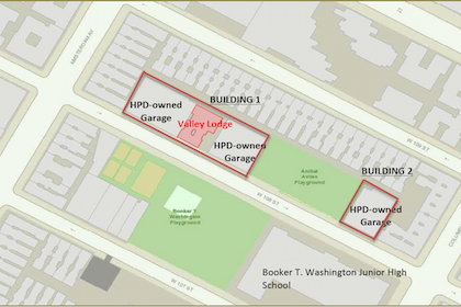 Three land parcels, currently housing parking garages wold be added to the West Side Federation for Senior and Supportive Housing’s Valley Lodge on West 108th Street under the group's proposal. | WSFSSH 